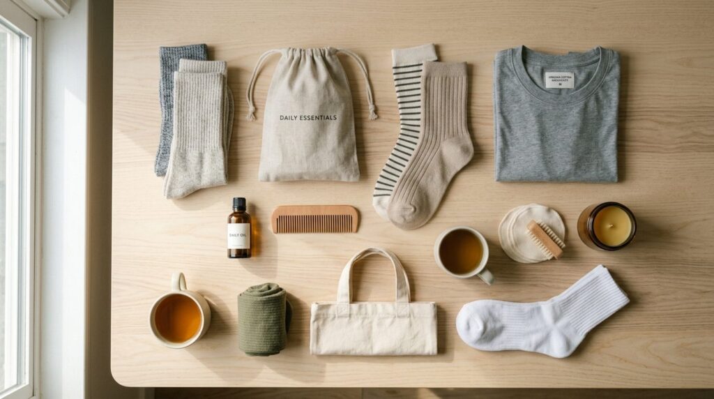 Flat lay fashion composition of budget-friendly socks arrang