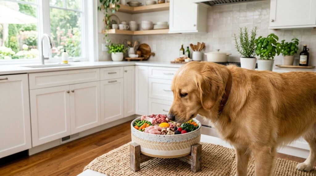 Elevated pet wellness scene: Healthy golden retriever eating