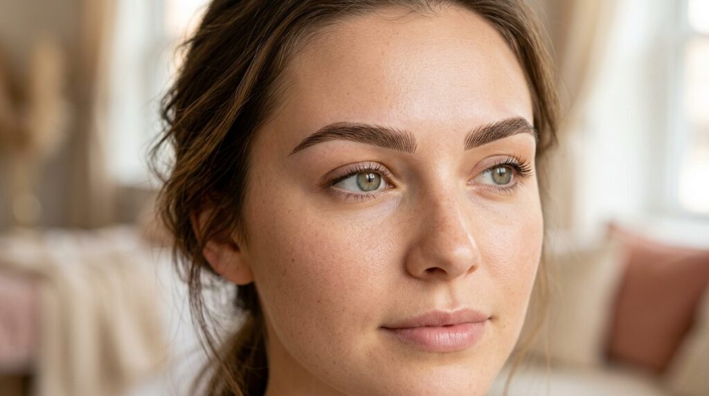Close-up of expertly microbladed eyebrows on a womans face,