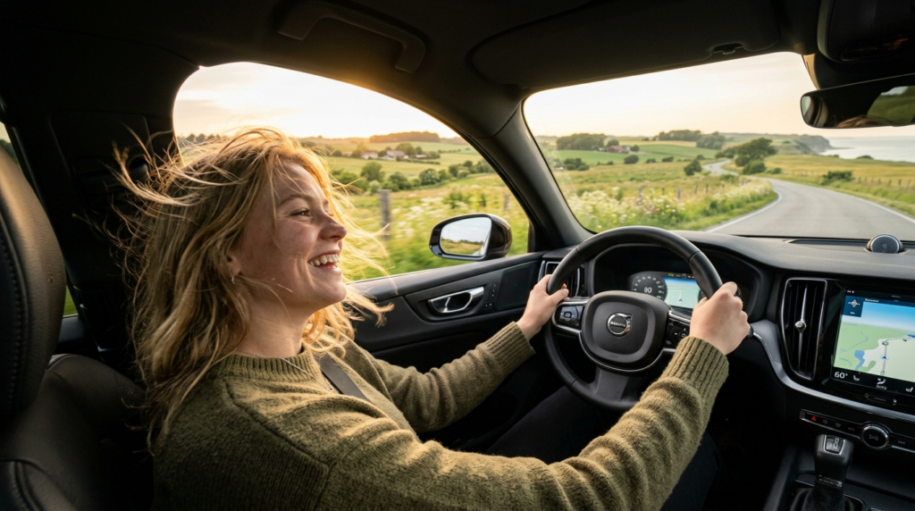 Young adult driving on a scenic rural road in North Zealand,