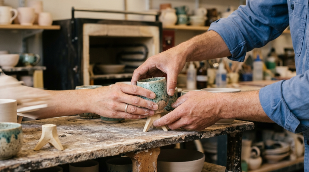 Close-up detail shot of a hobbyist ceramicists hands carefu
