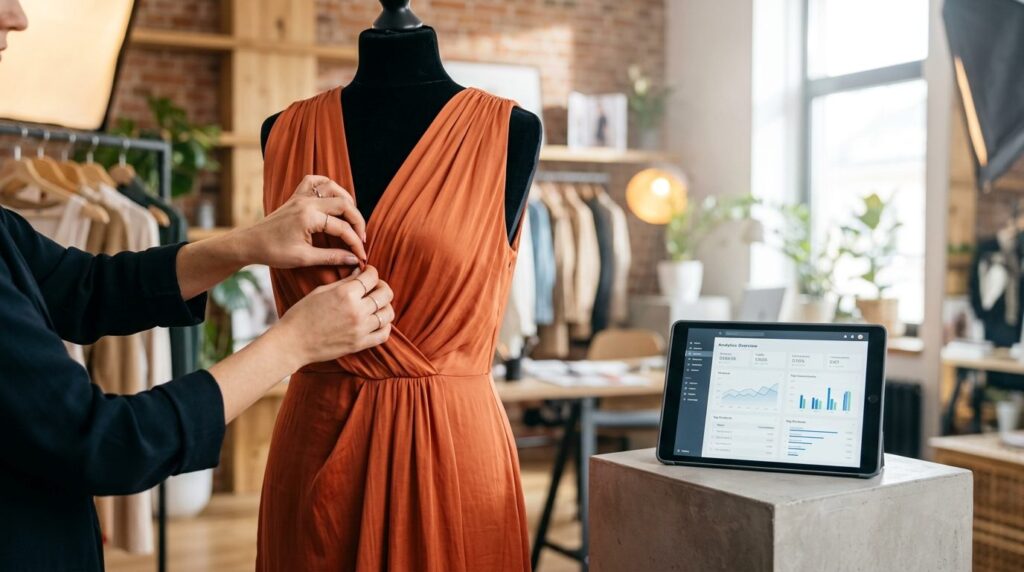 Modern fashion e-commerce scene: close-up of hands adjusting