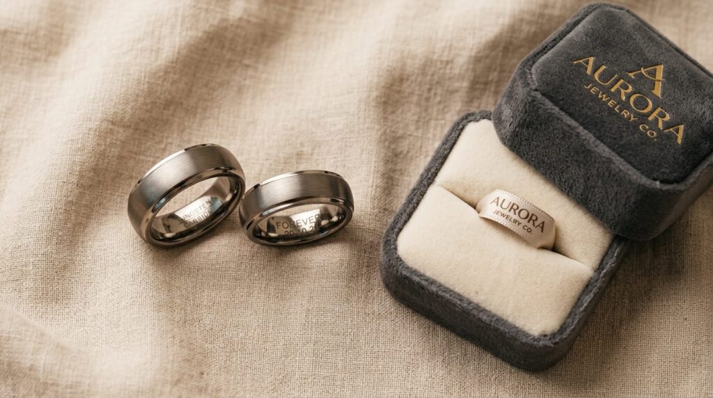 Overhead flat lay of a tungsten engagement ring pair next to