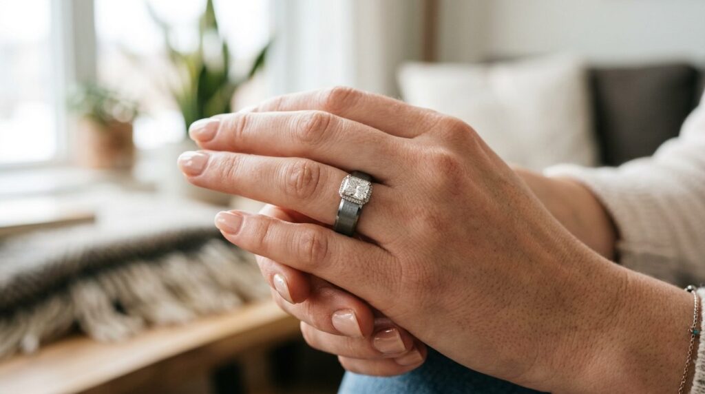 Close-up detail shot of a tungsten engagement ring worn on a