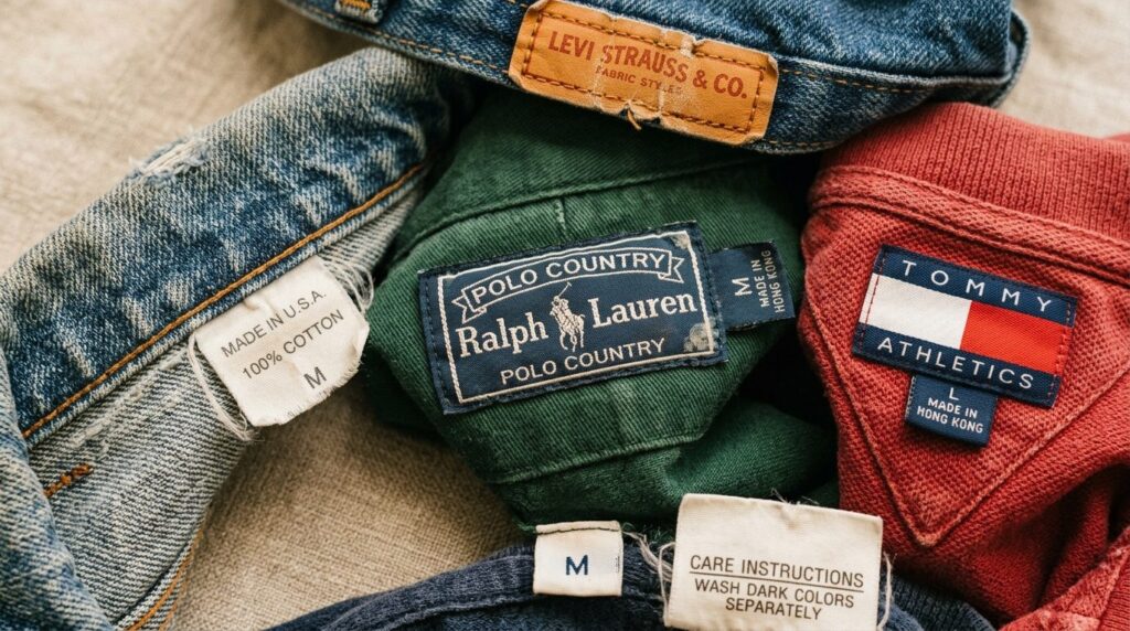 Detaljefoto af tøjetiketter og mærker på vintage- og secondhandtøj.