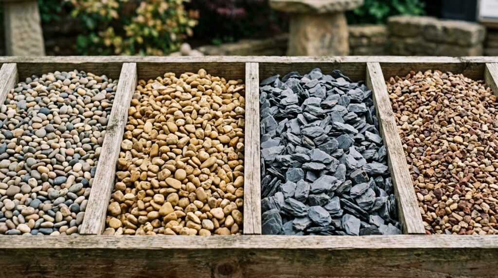 Close-up detail of premium landscape gravel textures, showin