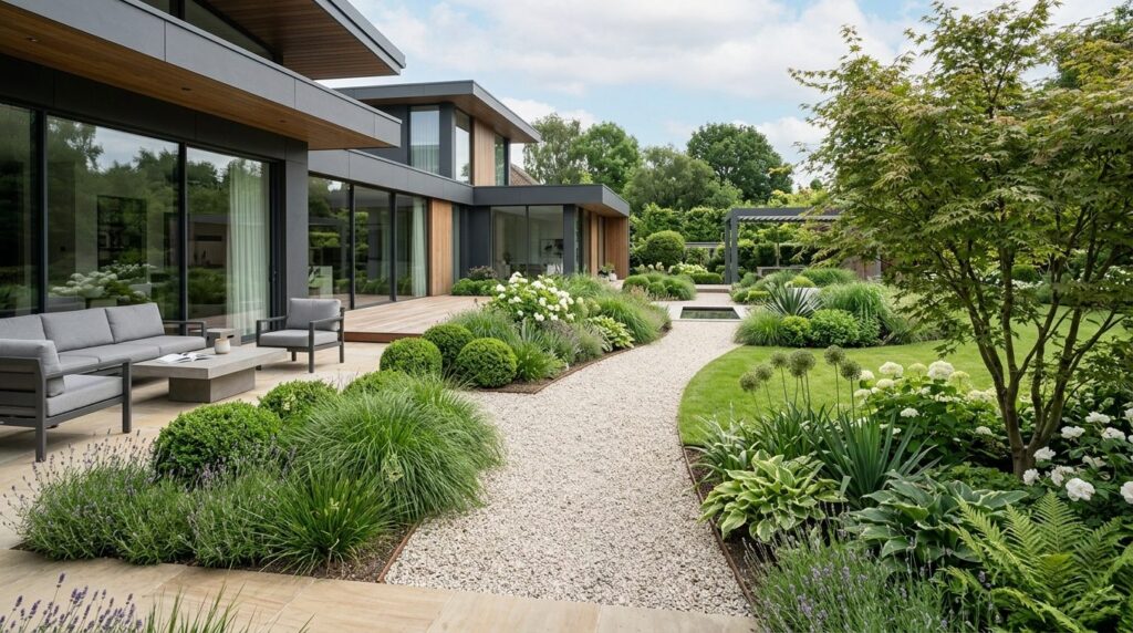 High-end residential garden design with integrated gravel pa