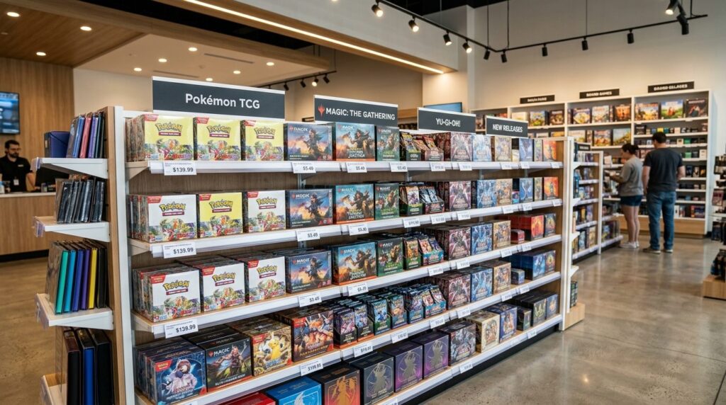 Wide shot of a modern retail display with multiple booster b