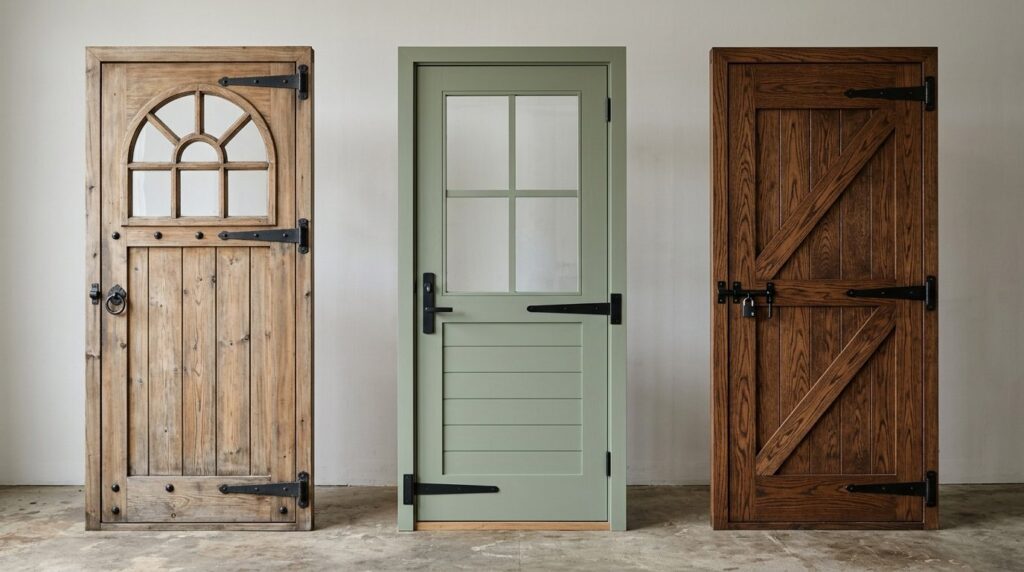 Close-up detailed shot of three different shed door styles d