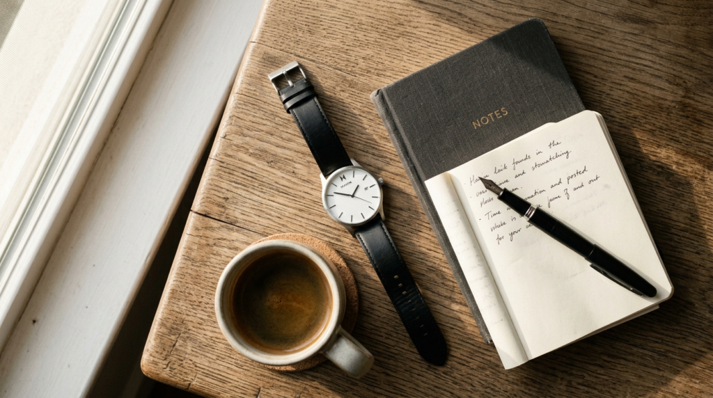 Lifestyle flatlay photograph of a minimalist quartz watch pl