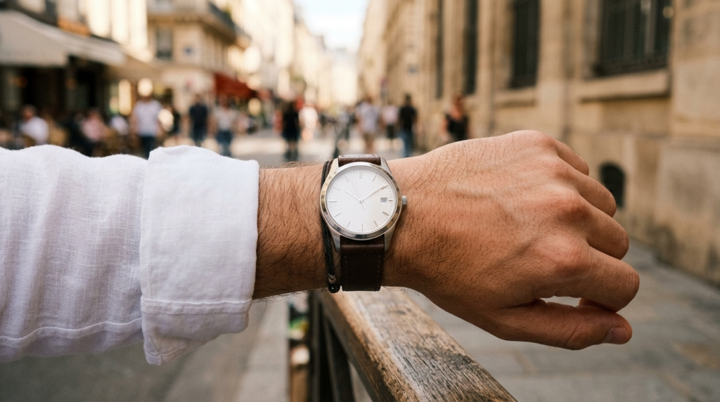 Close-up wrist shot of a man wearing a classic minimalist qu