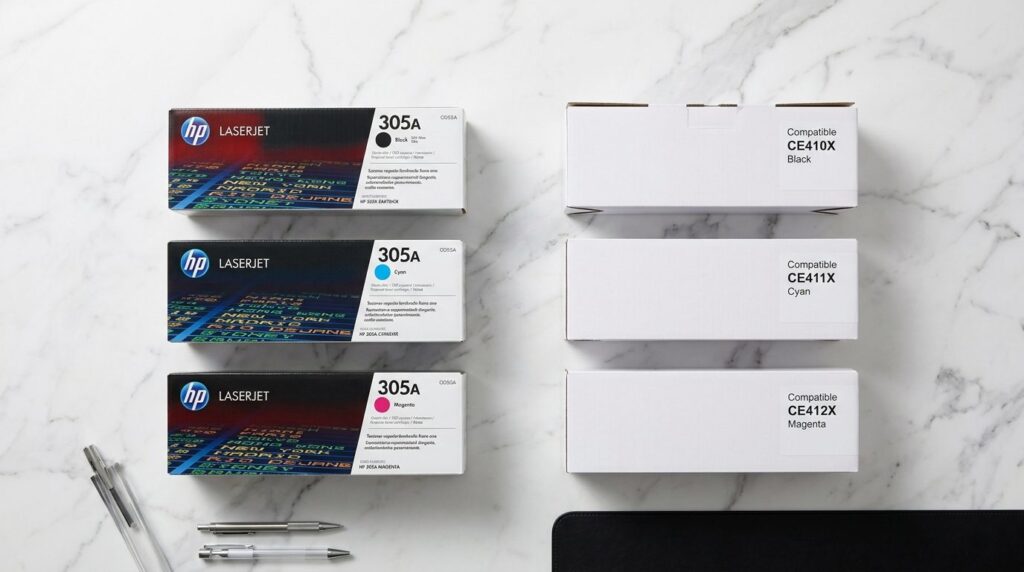 Flat lay composition of original HP toner cartridges and com