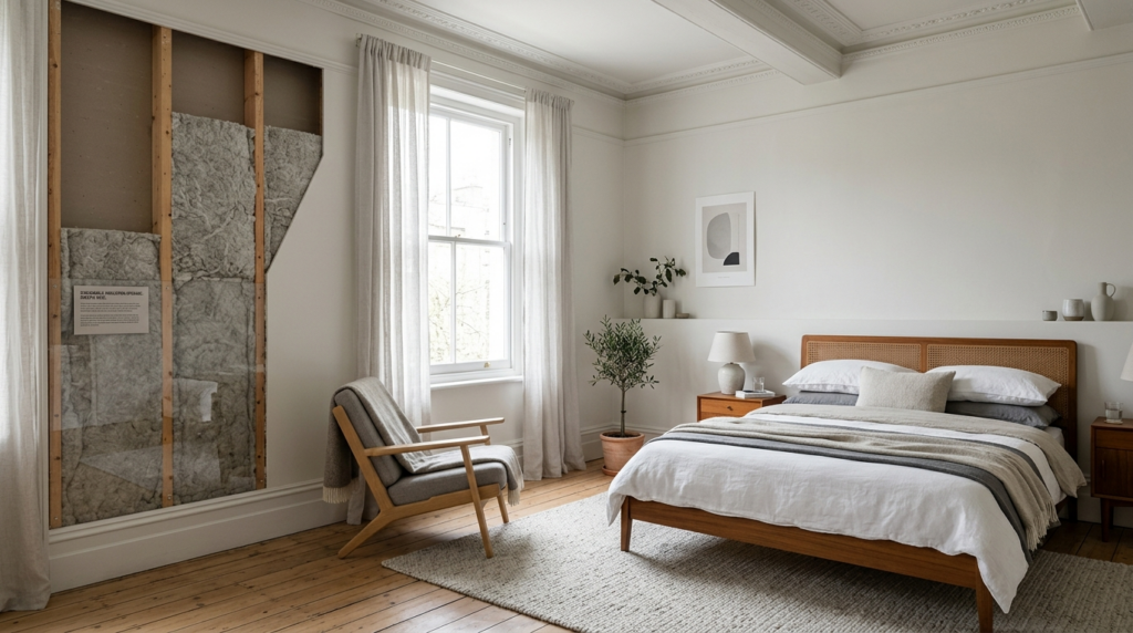 Elegant Scandinavian bedroom in renovated period property wi