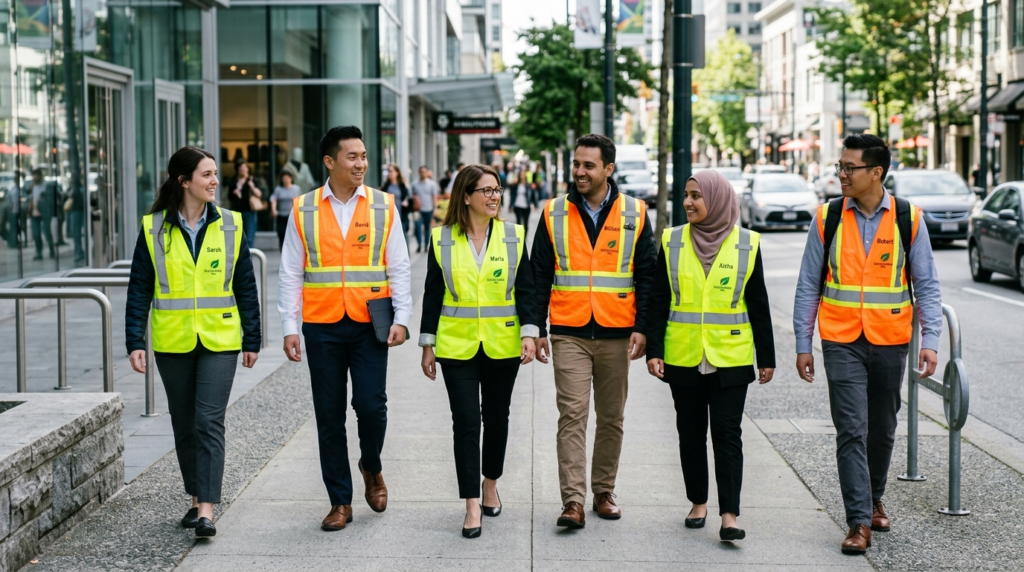 Group of professionals wearing branded reflective safety ves