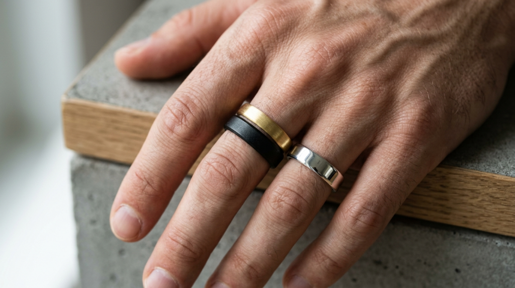 Close-up detail shot of a mans hand displaying three stacke