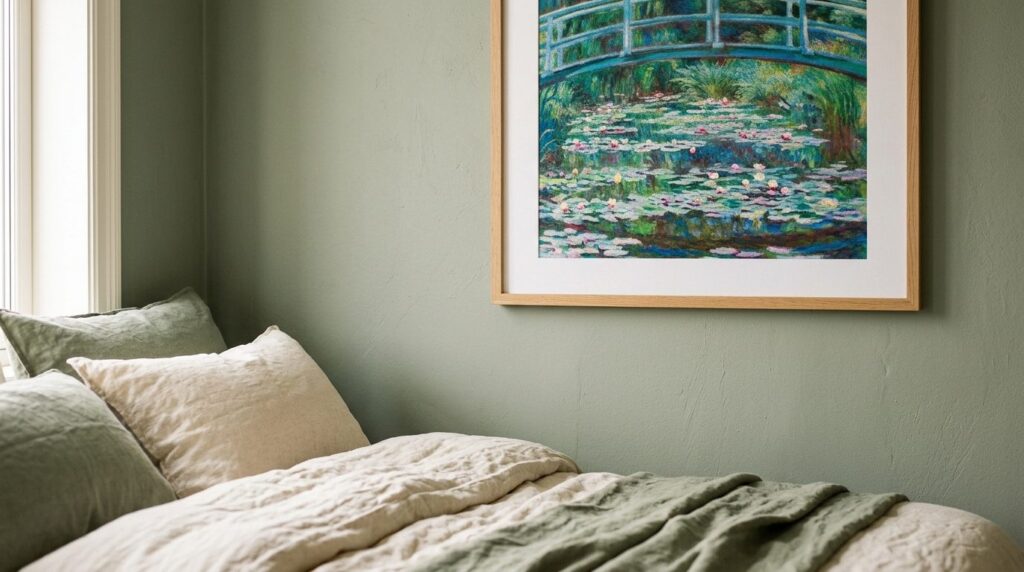 Close-up detail of a framed Claude Monet impressionist poste