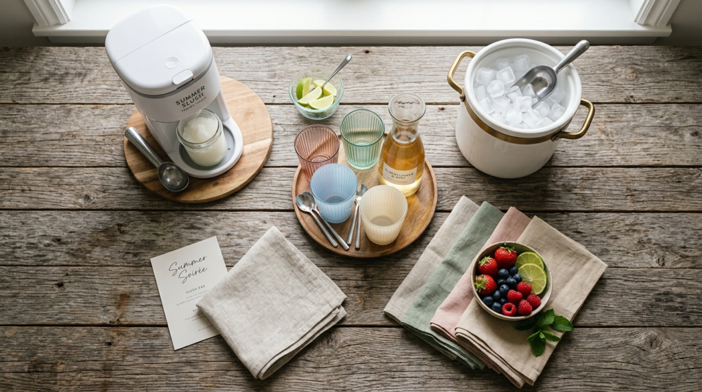 Curated overhead flat-lay composition of summer party essent