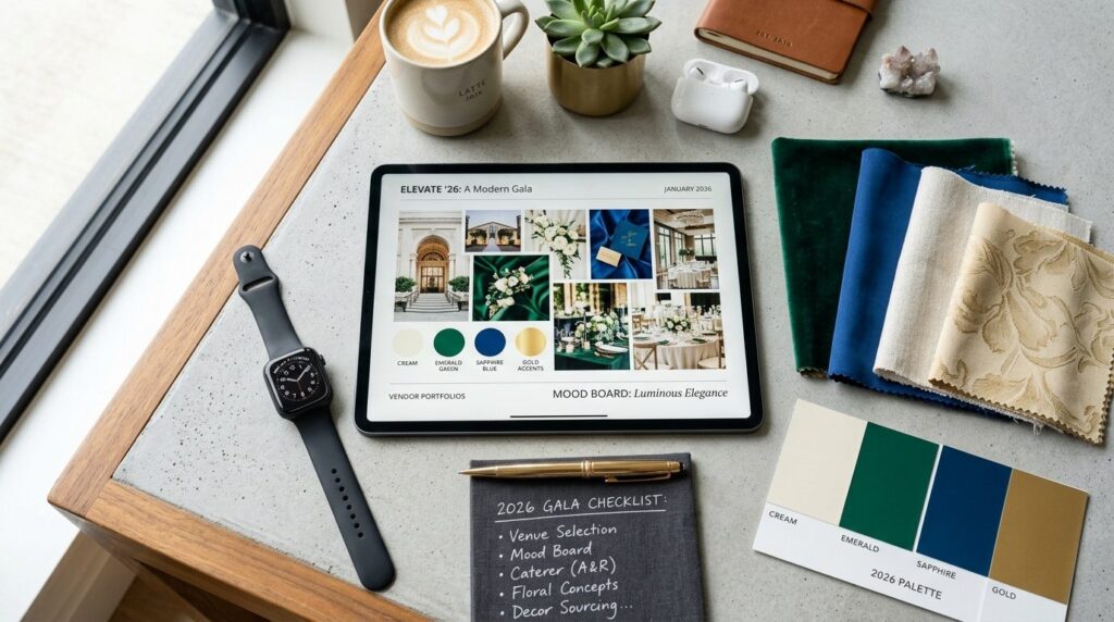 Sophisticated flat lay of 2026 event planning essentials: a