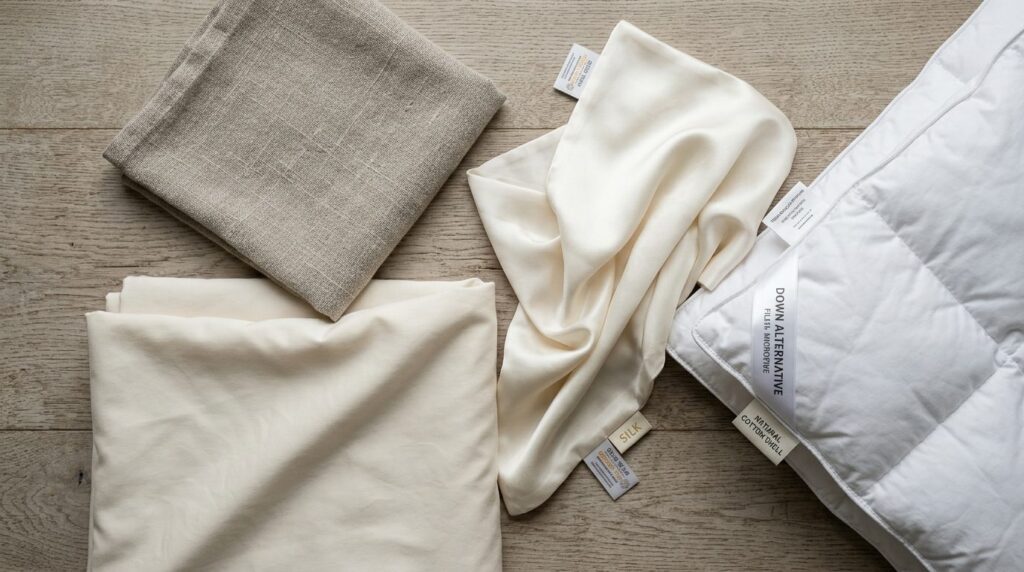 Close-up flat lay composition of luxury bedding materials ar