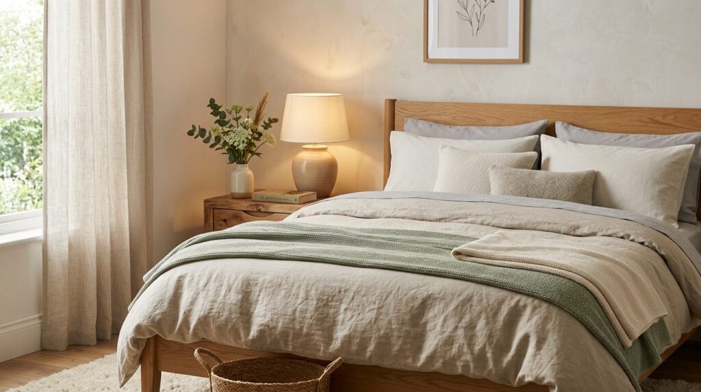 Contemporary bedroom corner detail showcasing a neatly made