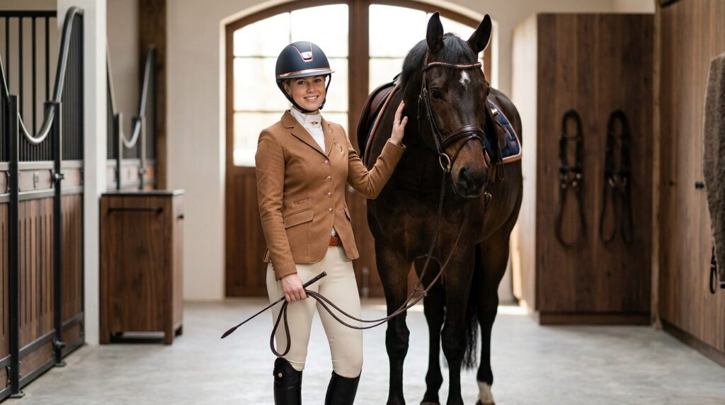 Photorealistic portrait of a female equestrian rider in coor