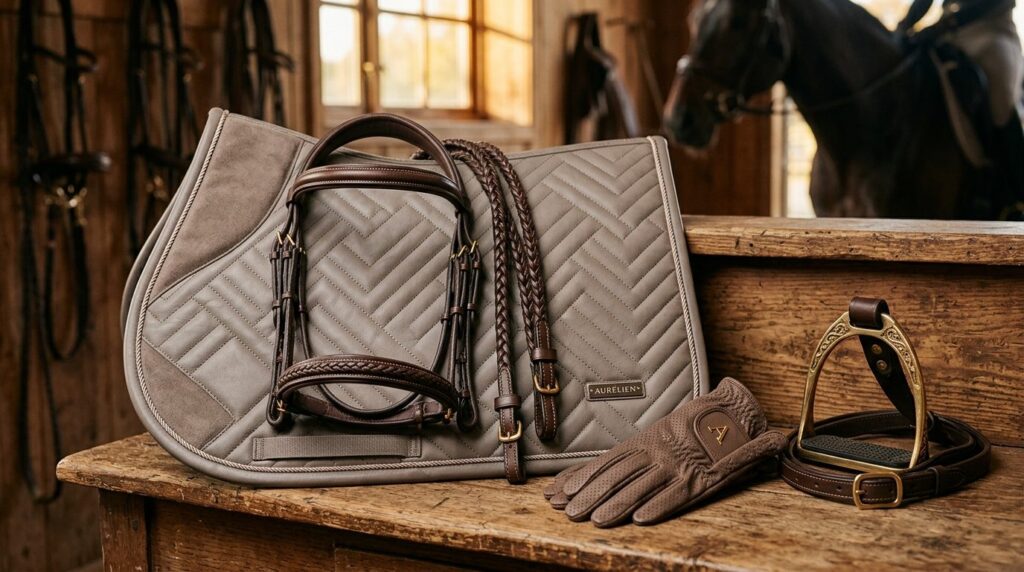 Luxury equestrian accessories detail shot, 16:9 aspect ratio