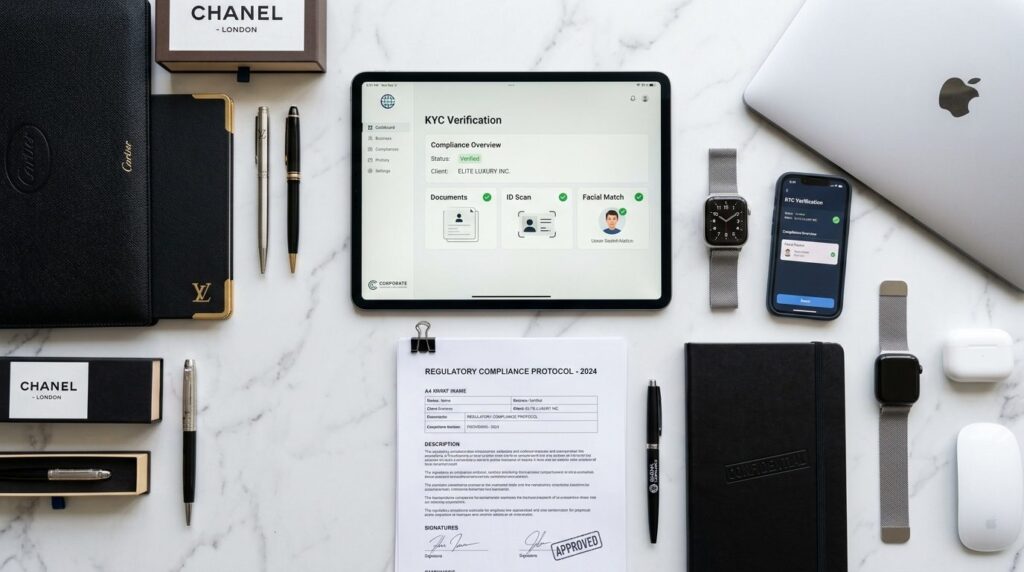 Close-up flatlay photograph of compliance documents, digital