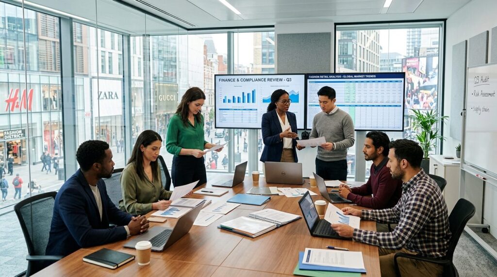 Wide shot of diverse finance and compliance professionals in