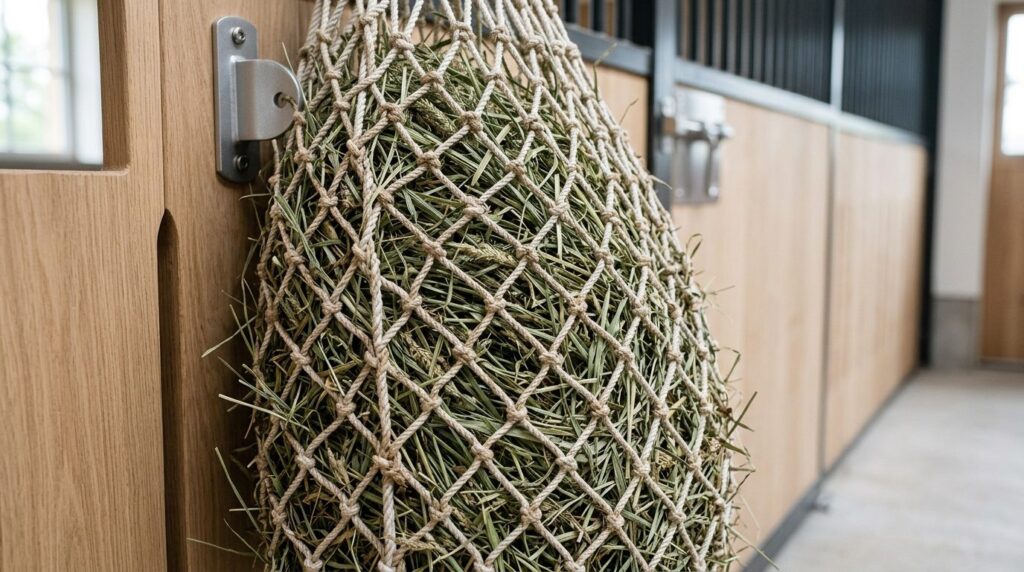 Close-up detail shot of a premium slow feeder hay net in nat