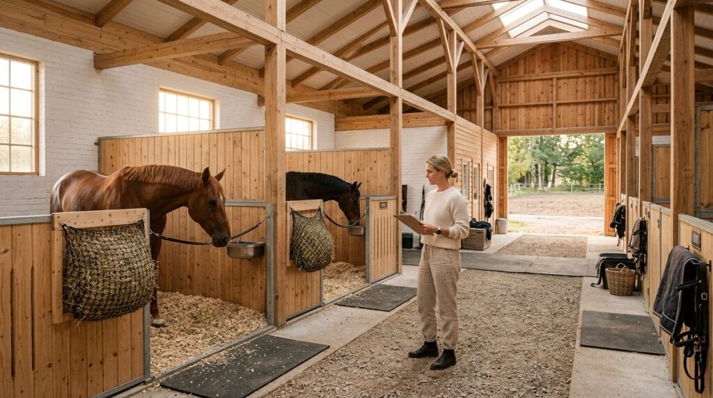 Wide-angle shot of a light-filled Scandinavian horse stable