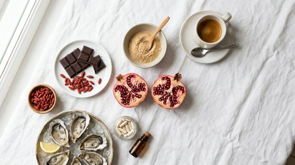 Flat lay overhead shot of performance-enhancing superfoods a