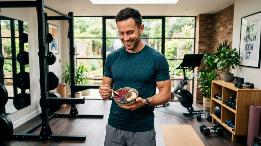 Modern wellness lifestyle image: athletic man in premium gym